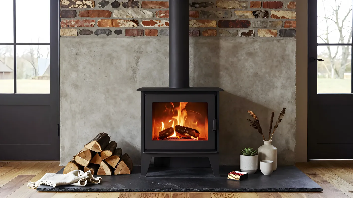 Seasoned hardwood firewood logs stacked beside a lit wood-burning stove