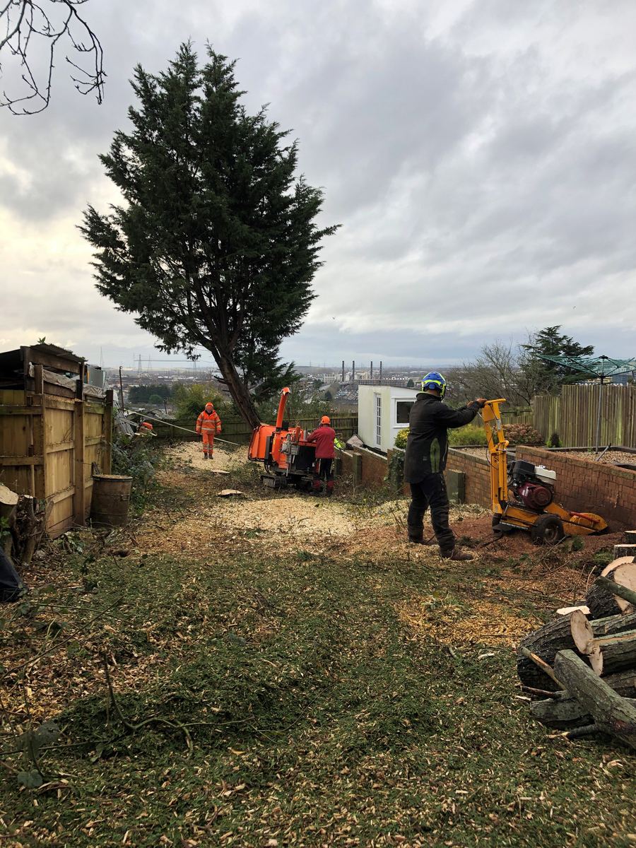 Hywel Jones Tree Services team clearing a sloping garden and chipping brash on site — tree surgeons covering Monmouth